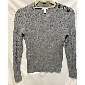 Charter Club Petite Metallic Silver Cable Knit Shoulder Button Sweater PS